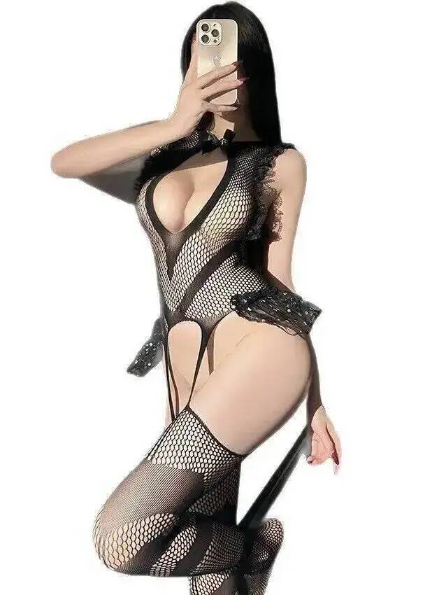 Bodystocking Fishnet - Seksowne pończochy kabaretki z koronkowym wykończeniem,
