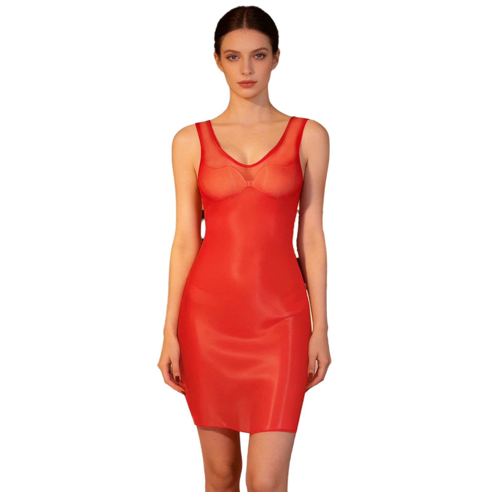 Babydoll Chemise Night - Damska błyszcząca, prześwitująca sukienka bodycon, bielizna,