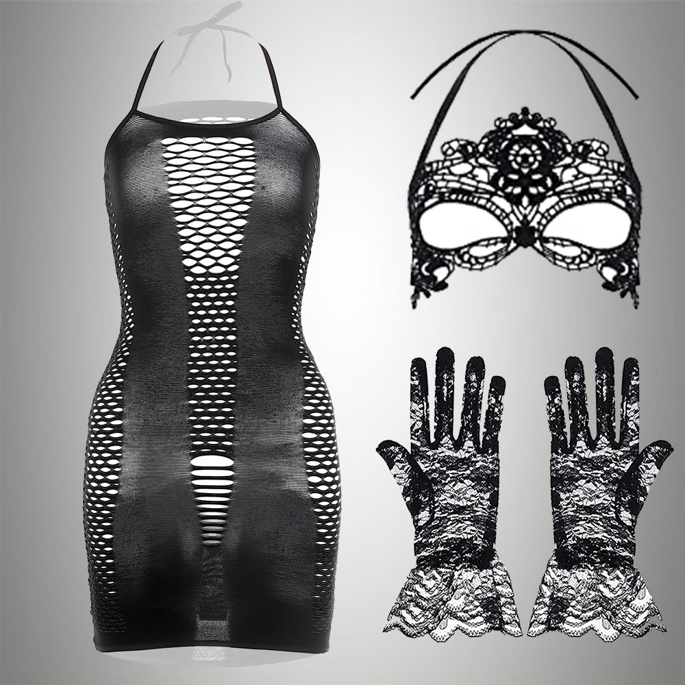 Bodystocking Fishnet - 3 w 1 zestaw egzotyczna sukienka