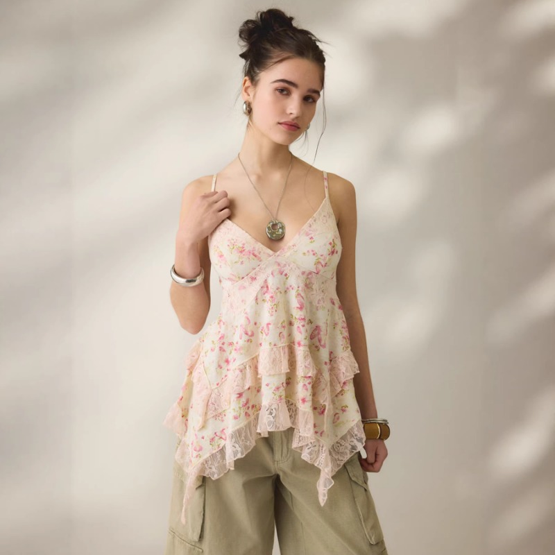 Cami Top Lace - Vintage kwiatowy szyfonowy top na ramiączkach