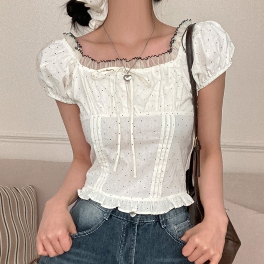 Corset Waist Cinch - Letnia, słodka bluzka damska w kropki