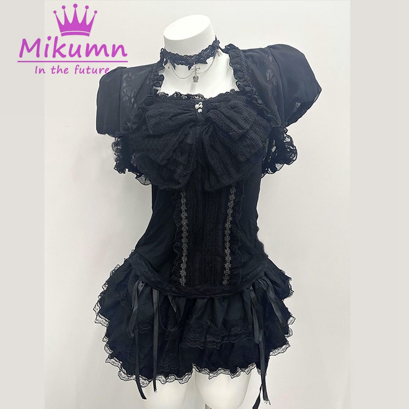 Cami Top Lace - Mikumn Gotycki Lolita Czarny Koronkowy 3-częściowy