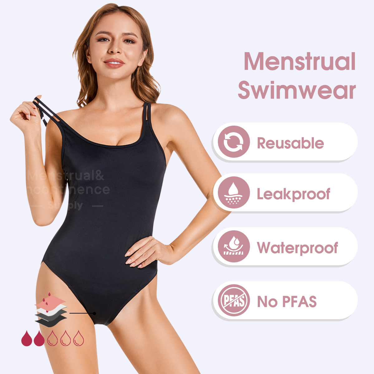 Period Panty Absorbent - Damski strój kąpielowy menstruacyjny jednoczęściowy, szczelny,