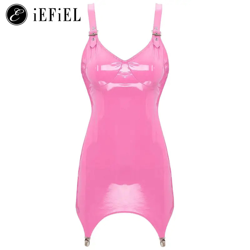 Babydoll Chemise Night - Damska błyszcząca metaliczna sukienka mini z