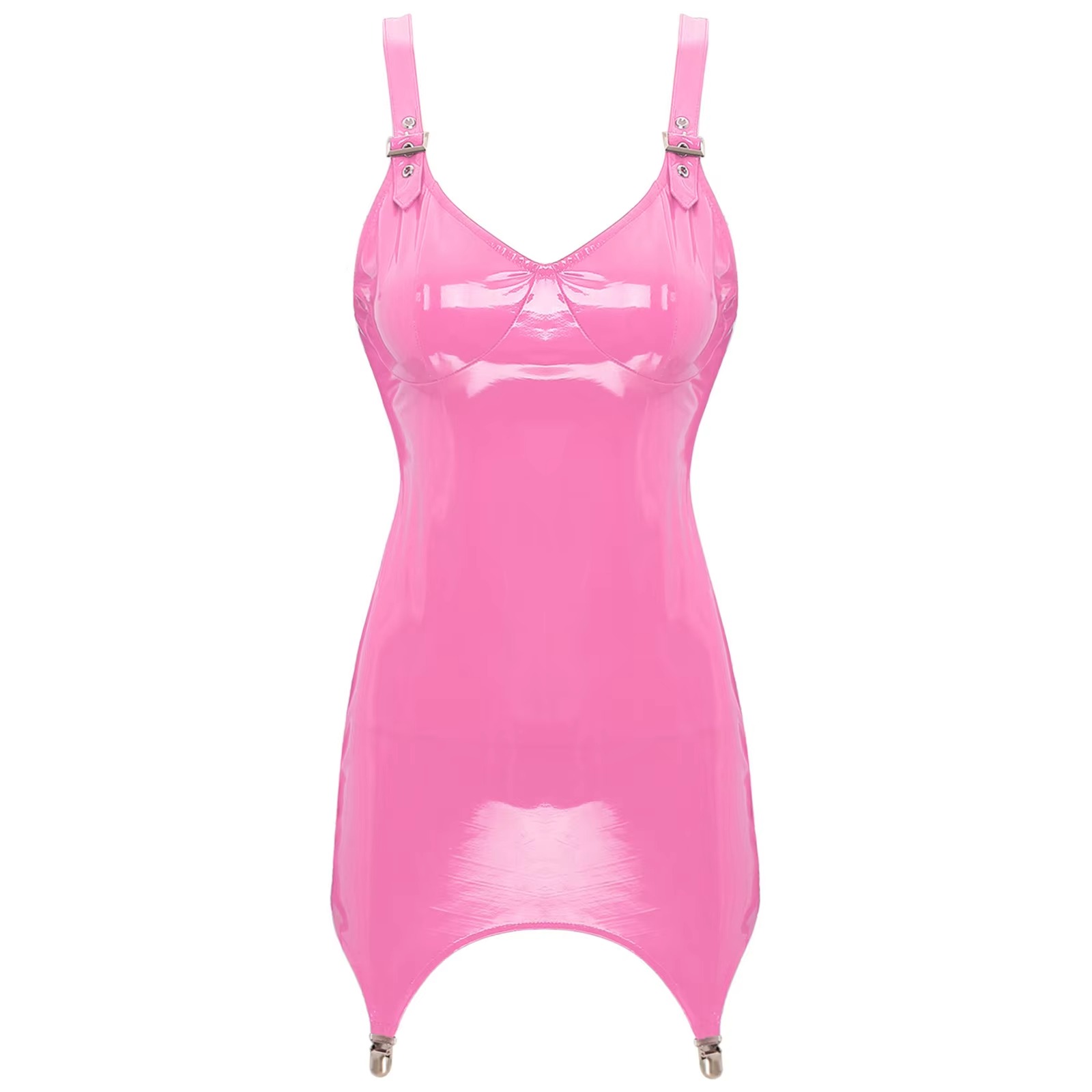Babydoll Chemise Night - Damska błyszcząca metaliczna skóra PVC Mini