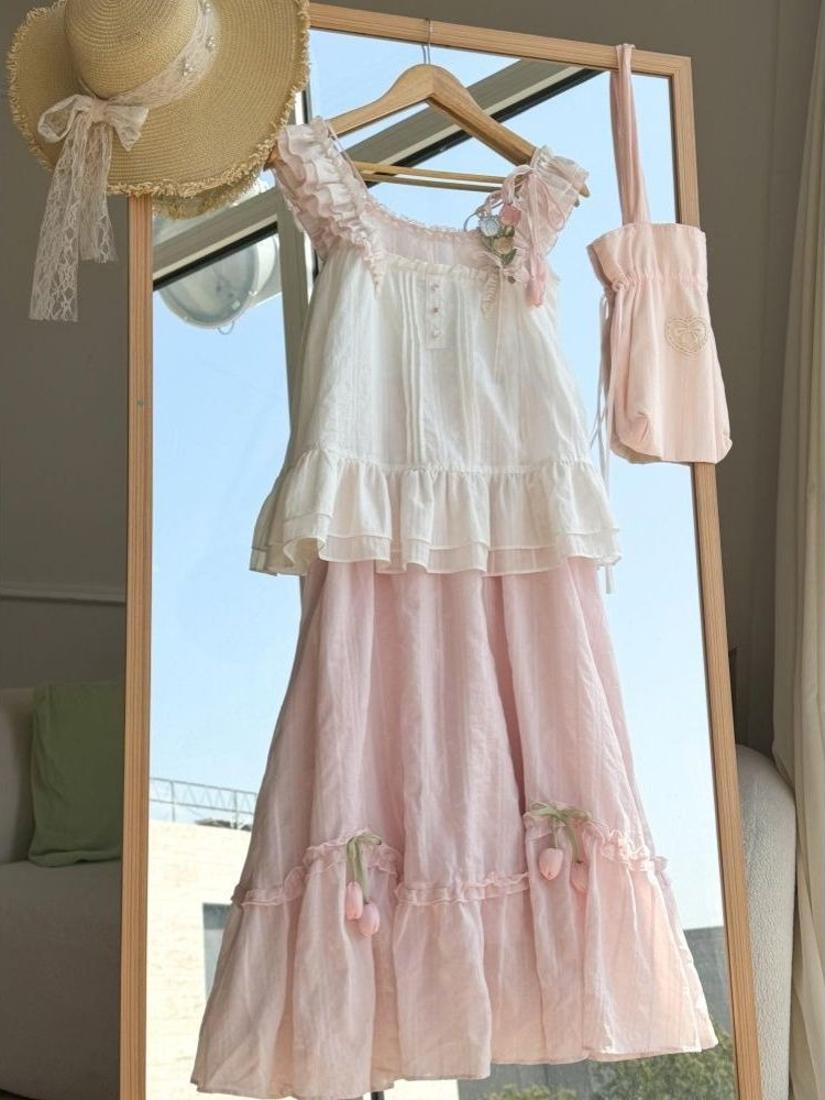 Cami Top Lace - Słodki, kawaii komplet dwuczęściowy z falbankami